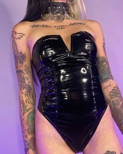 AE Hug Me Tight Black Vinyl PU High Cut Bodysuit -ravewonder store 1 5f4e4bda 63d3 4f0b a49d 0b3696d337bf