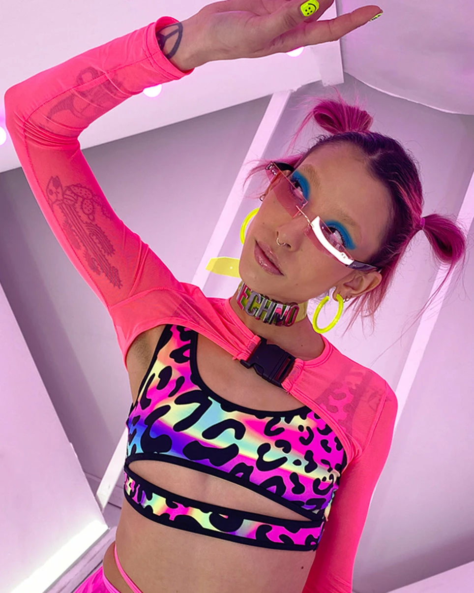 AE Neon Pink Black Mesh Shrug With Buckle 3 AE Neon Pink Black Mesh Shrug With Buckle - Image 3