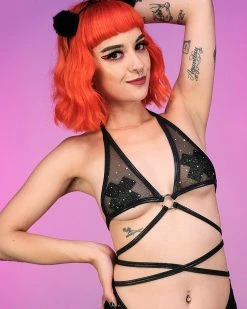 J. Valentine Dotted Luv Black Mesh Ring Wrap Top