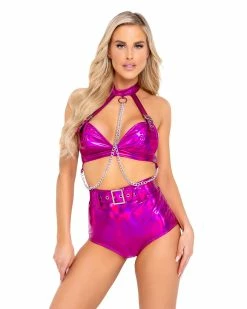 Roma Hot Pink Holo Foil Belted Shorts -ravewonder store 6115 6116 HP 2