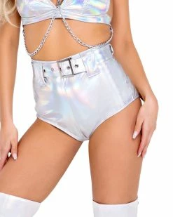 Roma Silver Holo Foil Belted Shorts -ravewonder store 6115 6116 Slvr
