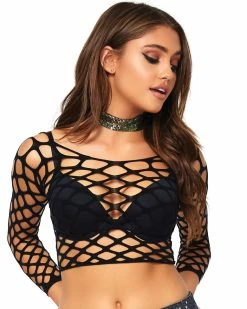 Leg Avenue Pothole Fishnet Long Sleeved Rave Crop Top