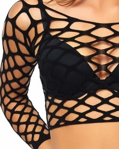 Leg Avenue Pothole Fishnet Long Sleeved Rave Crop Top -ravewonder store 81567 04 001