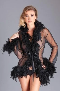 Be Wicked Lady Love Sheer Short Robe With Boa Feather Trim -ravewonder store BW834SBK web 540x 1