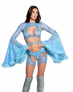 J. Valentine Aqua Sequin Fur-Trimmed Shrug -ravewonder store FR101 FR102 FR103 BLU FRONT scaled