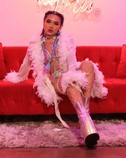 Be Wicked Lady Love Sheer Short Robe With Boa Feather Trim -ravewonder store IMG 8075