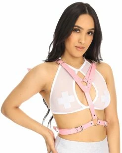 AE Heaven Sent Faux Leather Wings Harness -ravewonder store K020 PNK FRONT