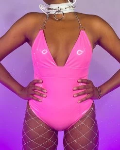 OhYes Fashion Neon Pink Urban Nights Vinyl And Chain Bodysuit
