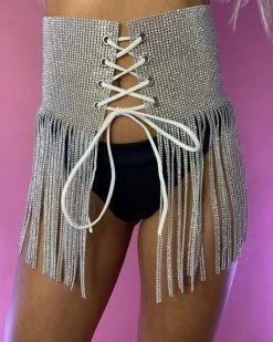 Hengda Silver Rhinestone Fringe Front Wrap Skirt