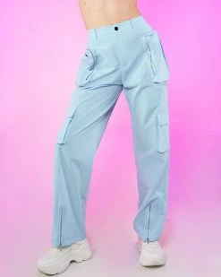 Hot And Delicious Sky Blue Nylon Cargo Pants -ravewonder store RW 011923 814