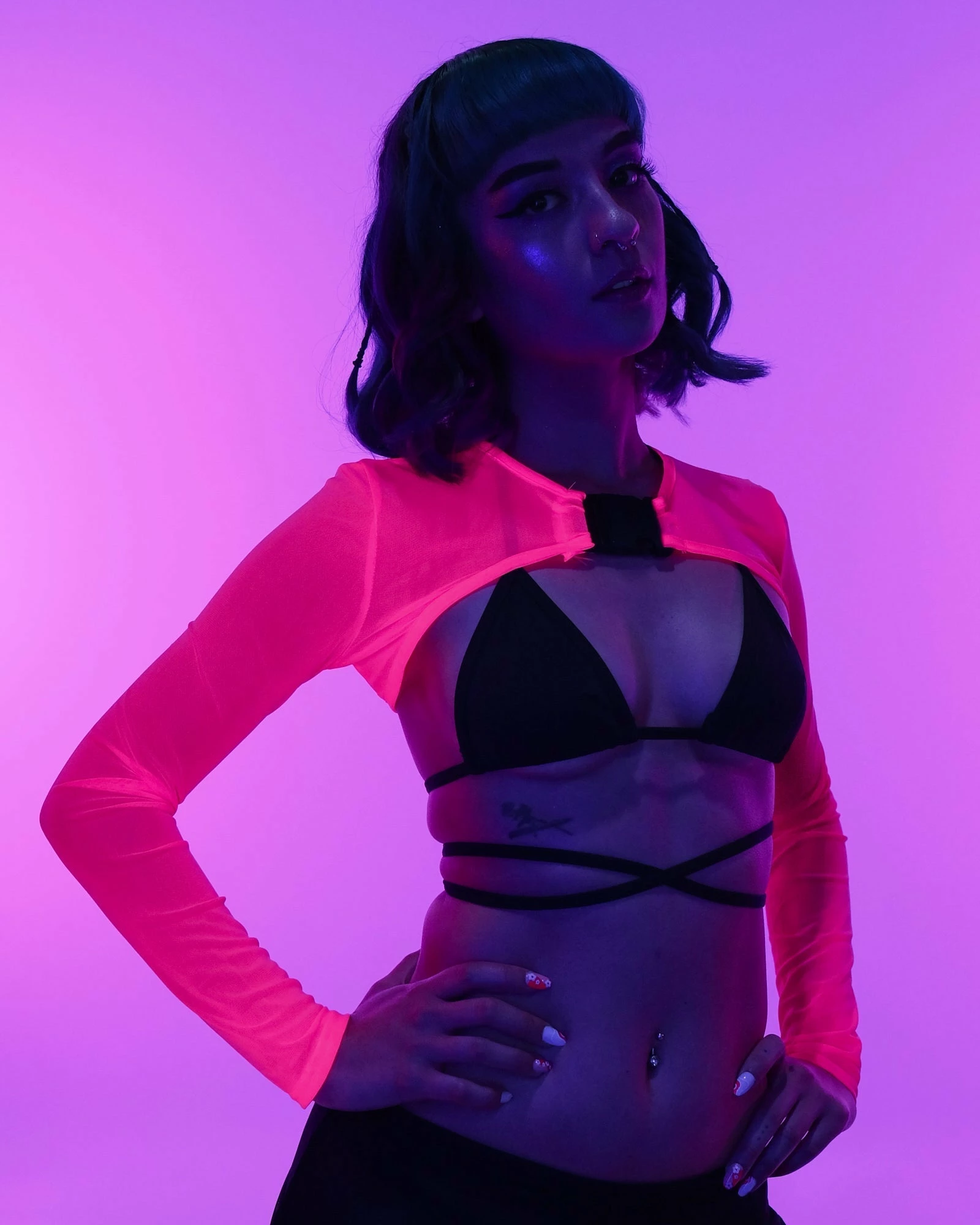 AE Neon Pink Black Mesh Shrug With Buckle 2 AE Neon Pink Black Mesh Shrug With Buckle - Image 2