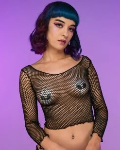 Music Legs Diamond Fishnet Long Sleeve Crop Top