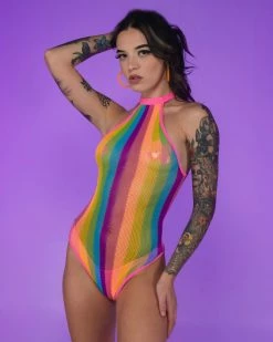 Leg Avenue Rainbow Mesh Fishnet Rave Bodysuit