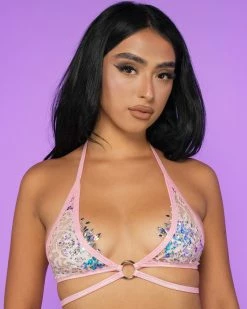 J. Valentine Pink Blush Sequin Net Wrap Top