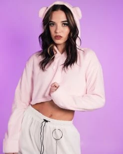 OhYes Fashion Pink Cuddle Puddle Fuzzy Crop Hoodie
