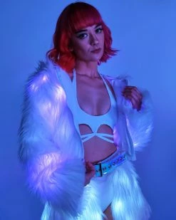 J. Valentine Lavender LED White Furry Cropped Hooded Jacket
