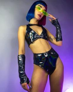 J. Valentine Cyber Prom Holographic Viny High Waist Shorts -ravewonder store blackfit