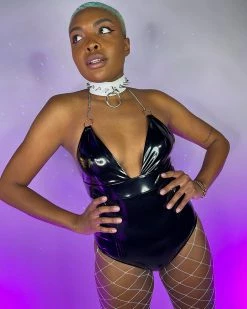 OhYes Fashion Black Urban Nights Vinyl And Chain Bodysuit