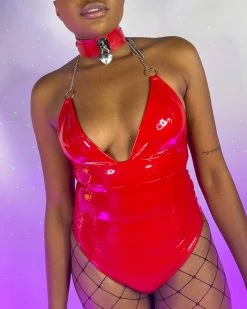 OhYes Fashion Red Urban Nights Vinyl And Chain Bodysuit